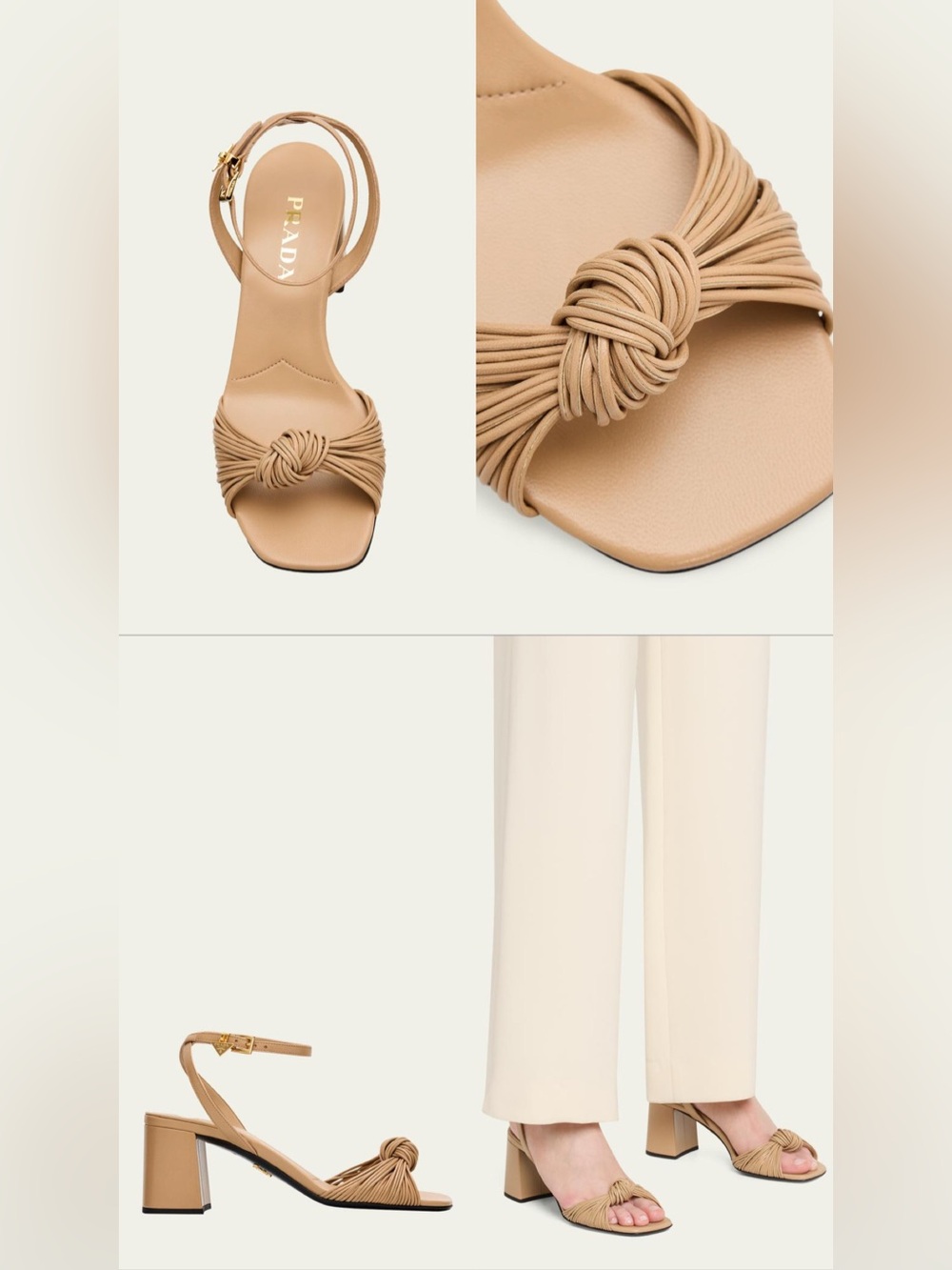 Prada 65mm Mignon Knotted Leather Sandals Sabbia